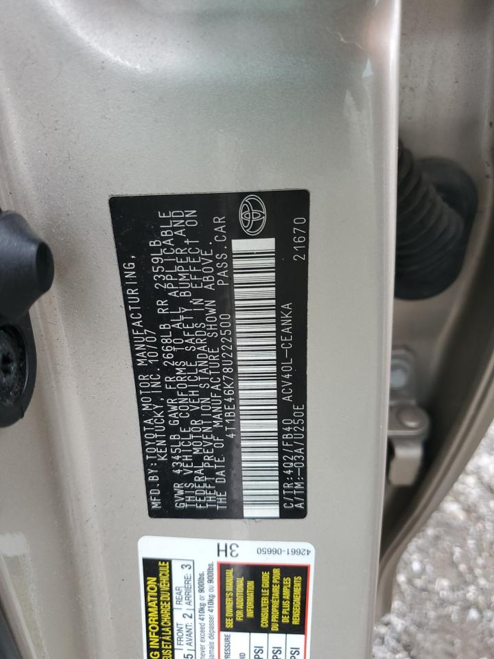 2008 Toyota Camry Ce VIN: 4T1BE46K78U222500 Lot: 85901045