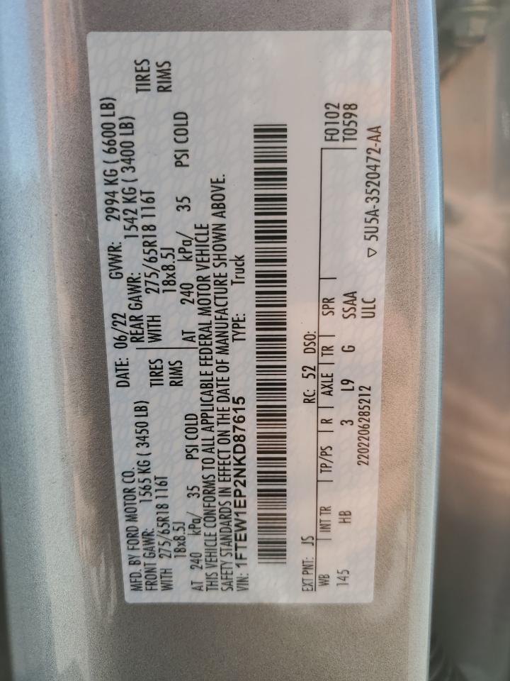 2022 Ford F150 Supercrew VIN: 1FTEW1EP2NKD87615 Lot: 90870365