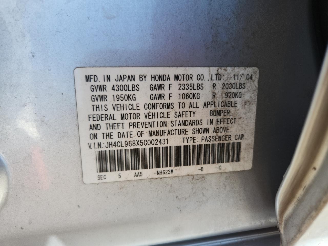 2005 Acura Tsx VIN: JH4CL968X5C002431 Lot: 84903225