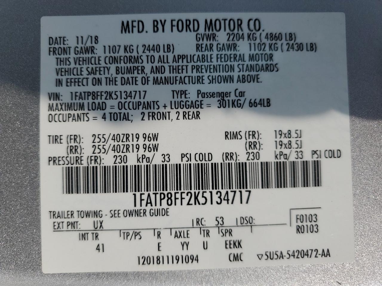 2019 Ford Mustang Gt VIN: 1FATP8FF2K5134717 Lot: 89661305