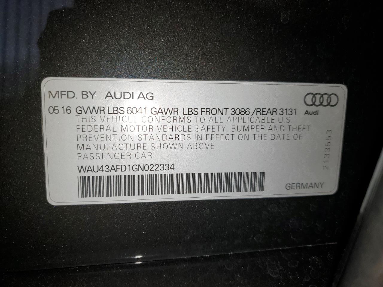 2016 Audi A8 L Quattro VIN: WAU43AFD1GN022334 Lot: 82249925