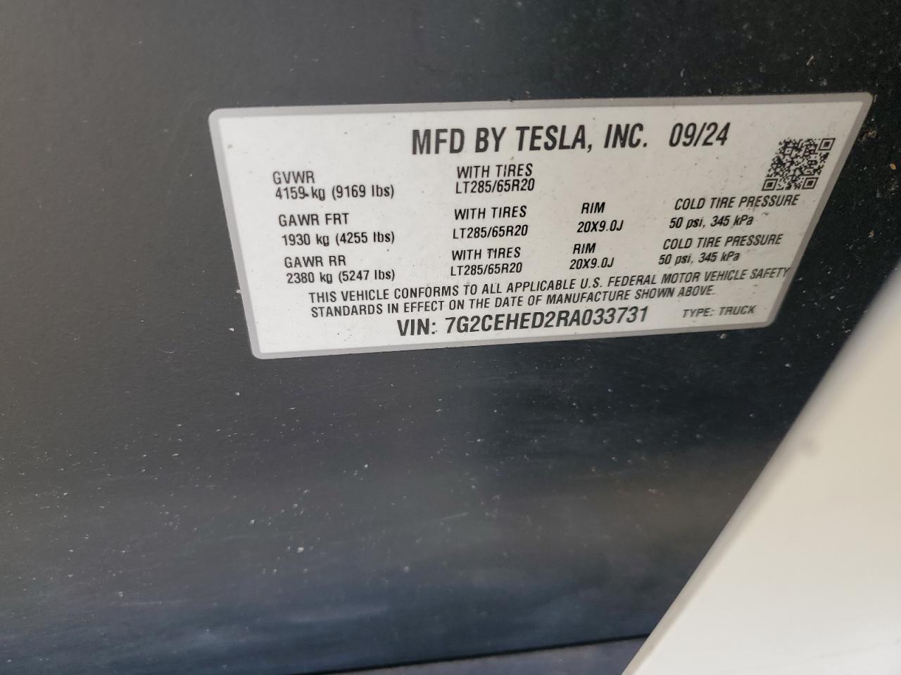 2024 Tesla Cybertruck VIN: 7G2CEHED2RA033731 Lot: 84400495