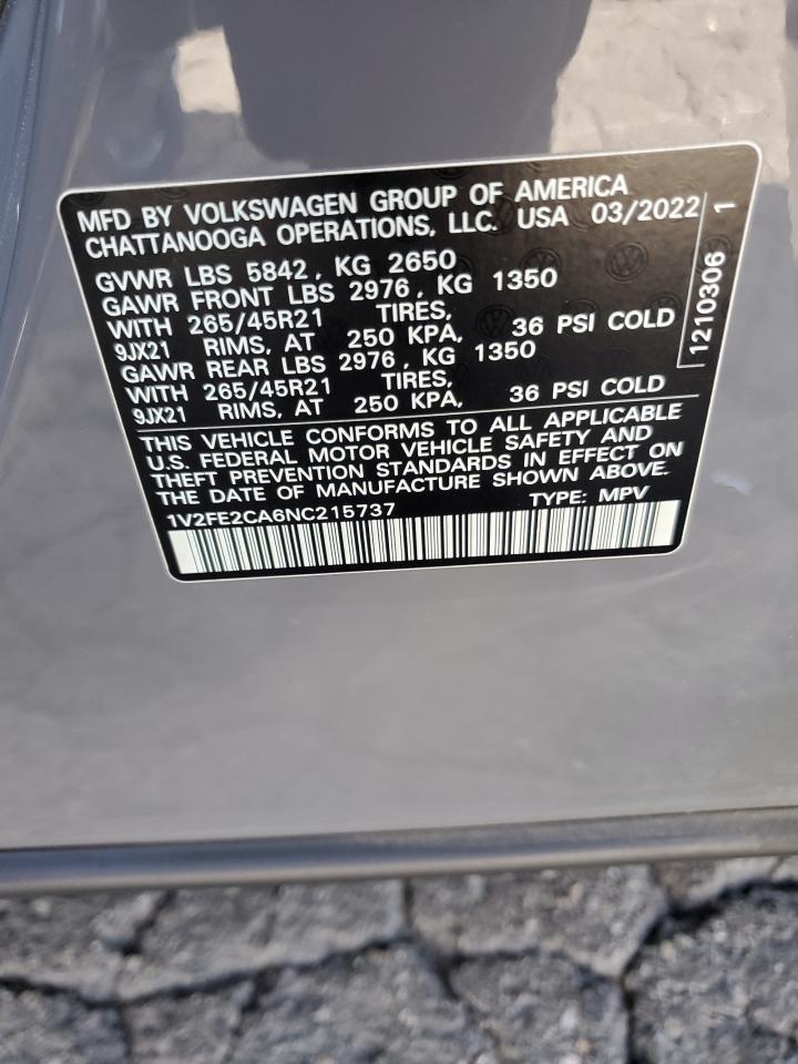 2022 Volkswagen Atlas Cross Sport Sel Premium R-Line VIN: 1V2FE2CA6NC215737 Lot: 89704955