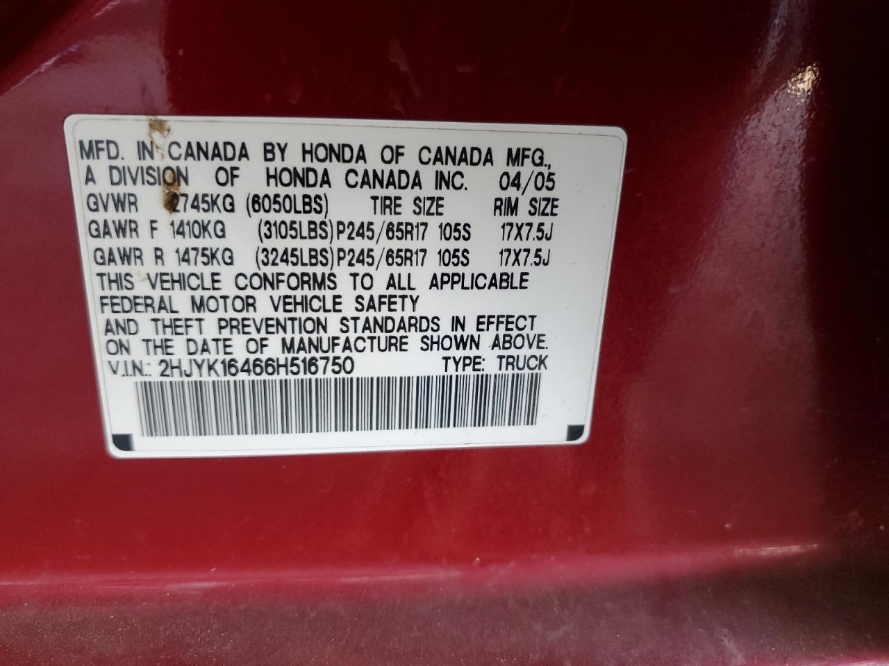 2006 Honda Ridgeline Rts VIN: 2HJYK16466H516750 Lot: 82238755