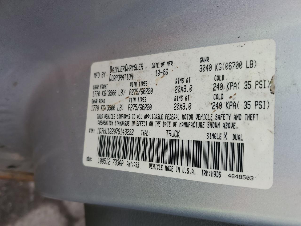 2007 Dodge Ram 1500 St VIN: 1D7HU18207S143232 Lot: 89639395