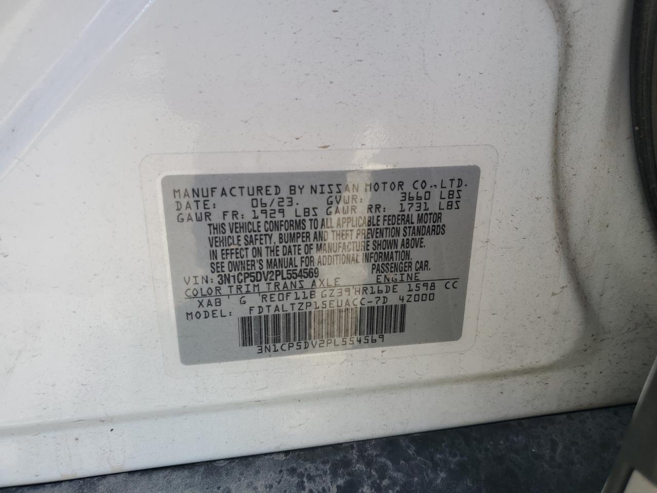 2023 Nissan Kicks Sr VIN: 3N1CP5DV2PL554569 Lot: 87085525