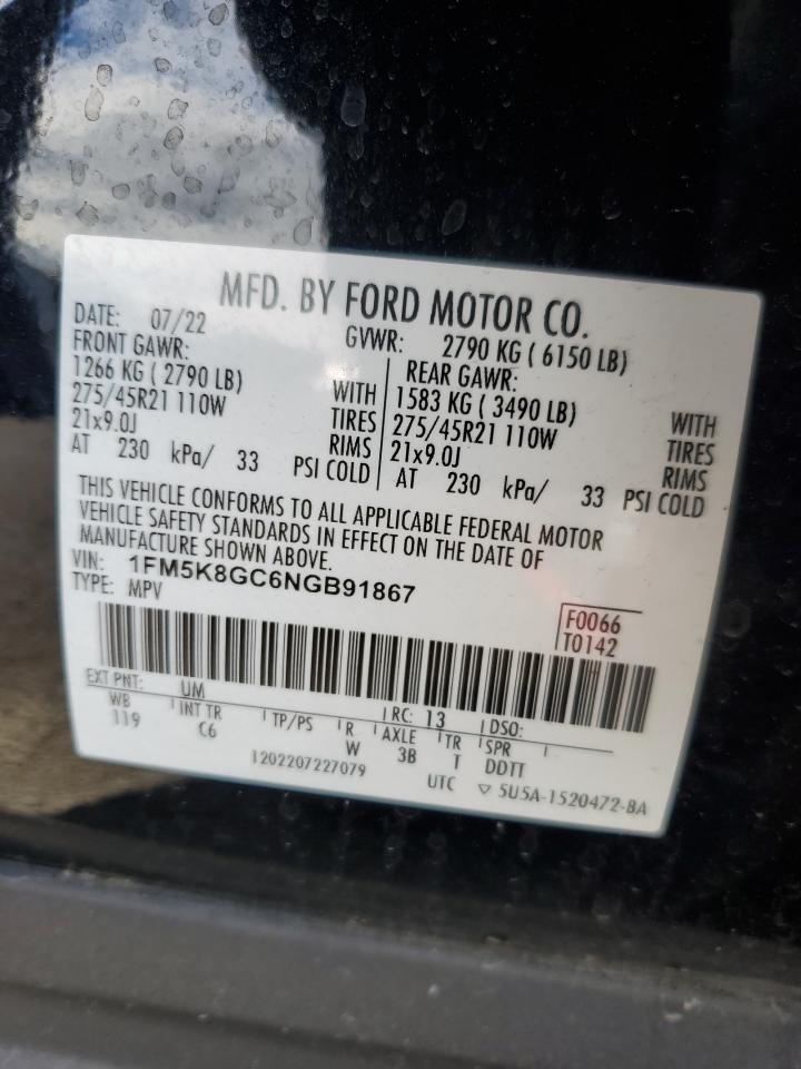 2022 Ford Explorer St VIN: 1FM5K8GC6NGB91867 Lot: 85281755