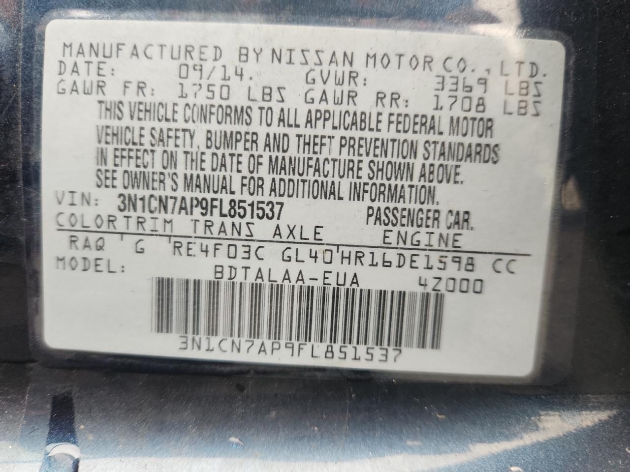 2015 Nissan Versa S VIN: 3N1CN7AP9FL851537 Lot: 82584575