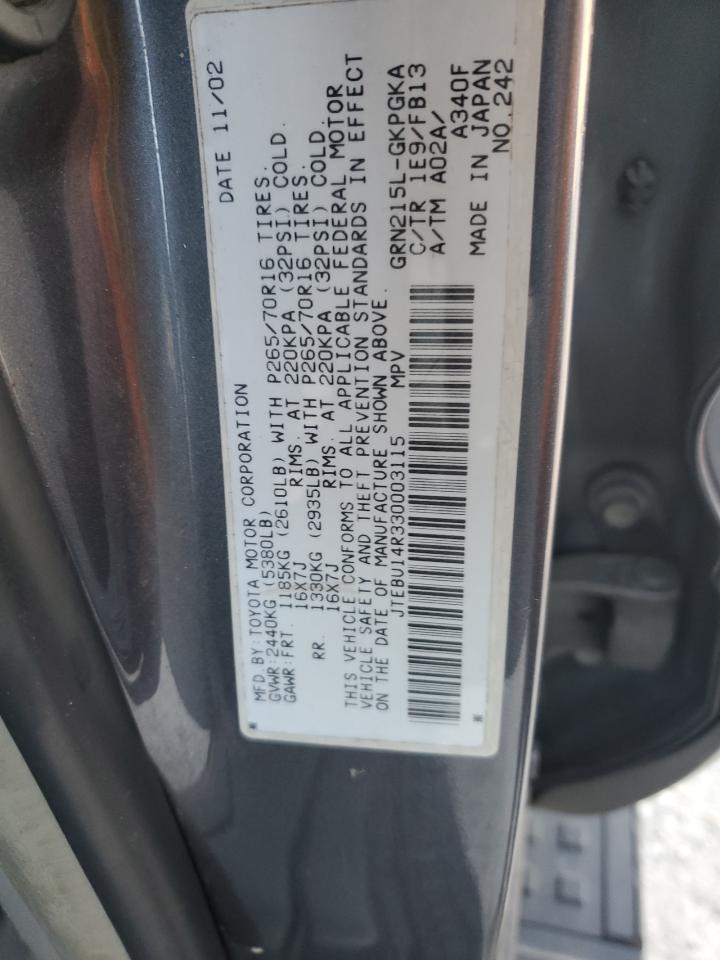 2003 Toyota 4Runner Sr5 VIN: JTEBU14R330003115 Lot: 84863215