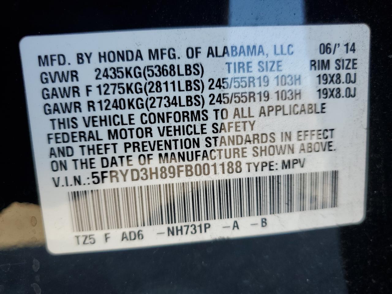 2015 Acura Mdx Advance VIN: 5FRYD3H89FB001188 Lot: 85315945