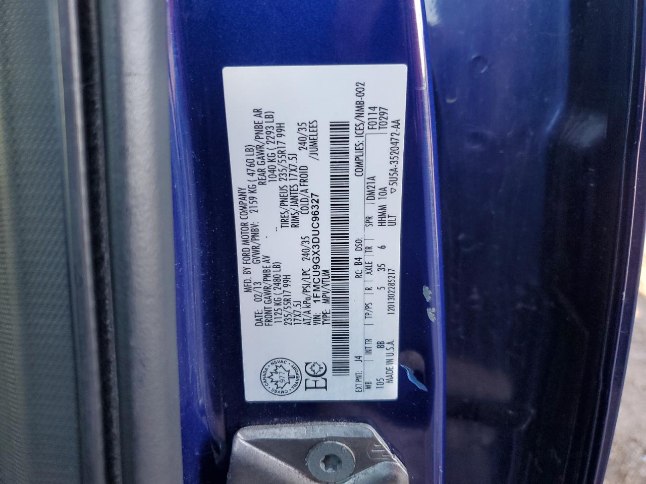 2013 Ford Escape Se VIN: 1FMCU9GX3DUC96327 Lot: 82268965