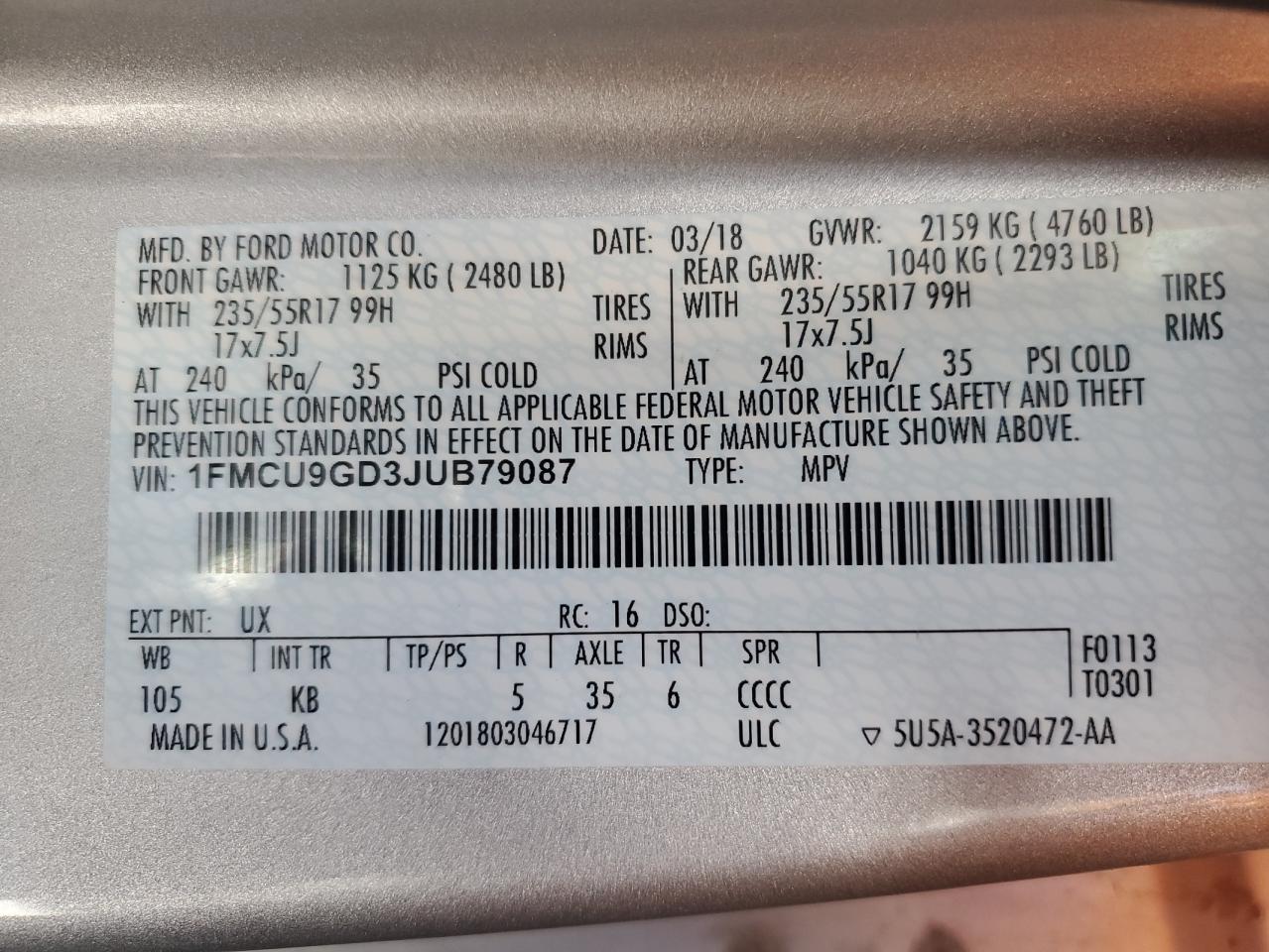 2018 Ford Escape Se VIN: 1FMCU9GD3JUB79087 Lot: 89517475