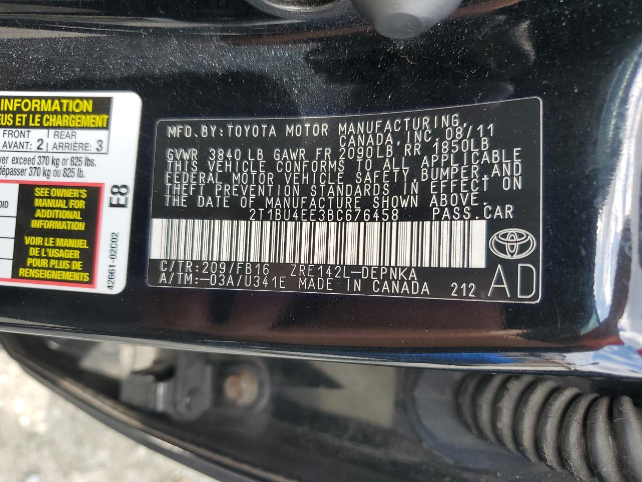 2011 Toyota Corolla Base VIN: 2T1BU4EE3BC676458 Lot: 85537665