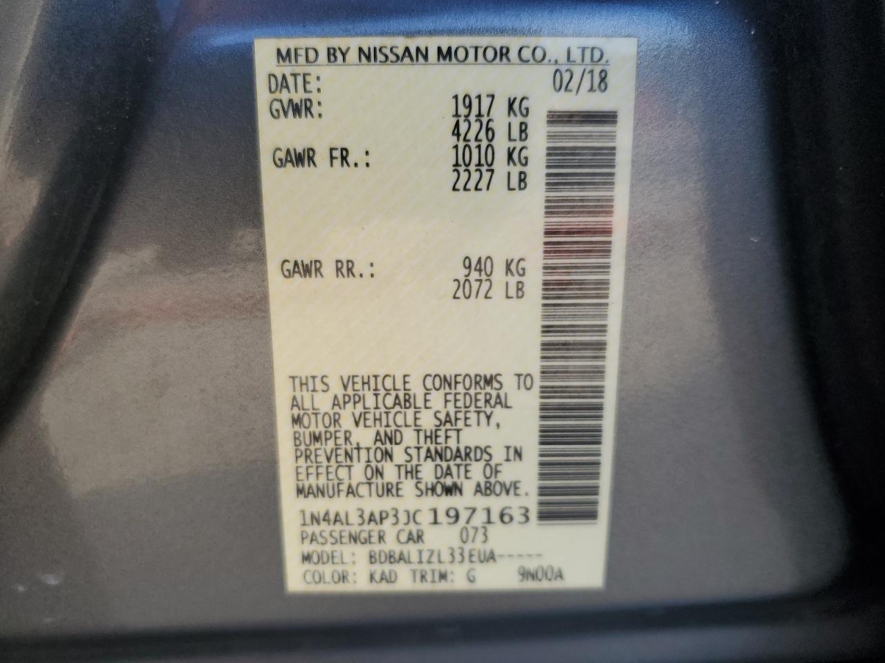 2018 Nissan Altima 2.5 VIN: 1N4AL3AP3JC197163 Lot: 84983985
