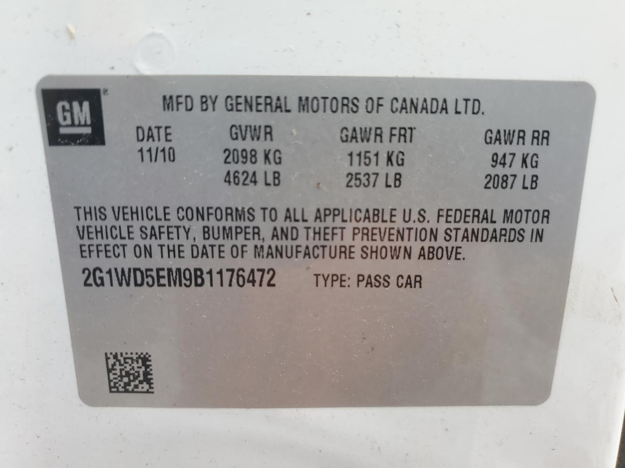 2011 Chevrolet Impala Police VIN: 2G1WD5EM9B1176472 Lot: 86855105