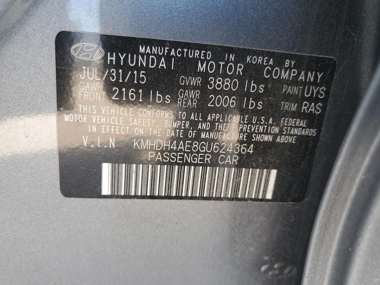 2016 Hyundai Elantra Se VIN: KMHDH4AE8GU624364 Lot: 82531735
