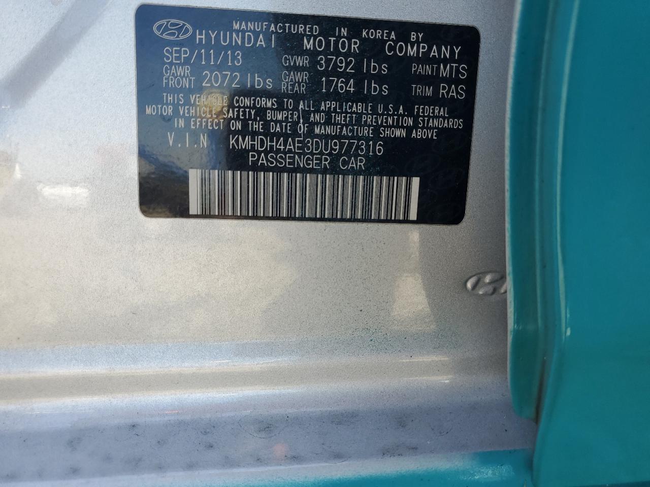 2013 Hyundai Elantra Gls VIN: KMHDH4AE3DU977316 Lot: 82181555