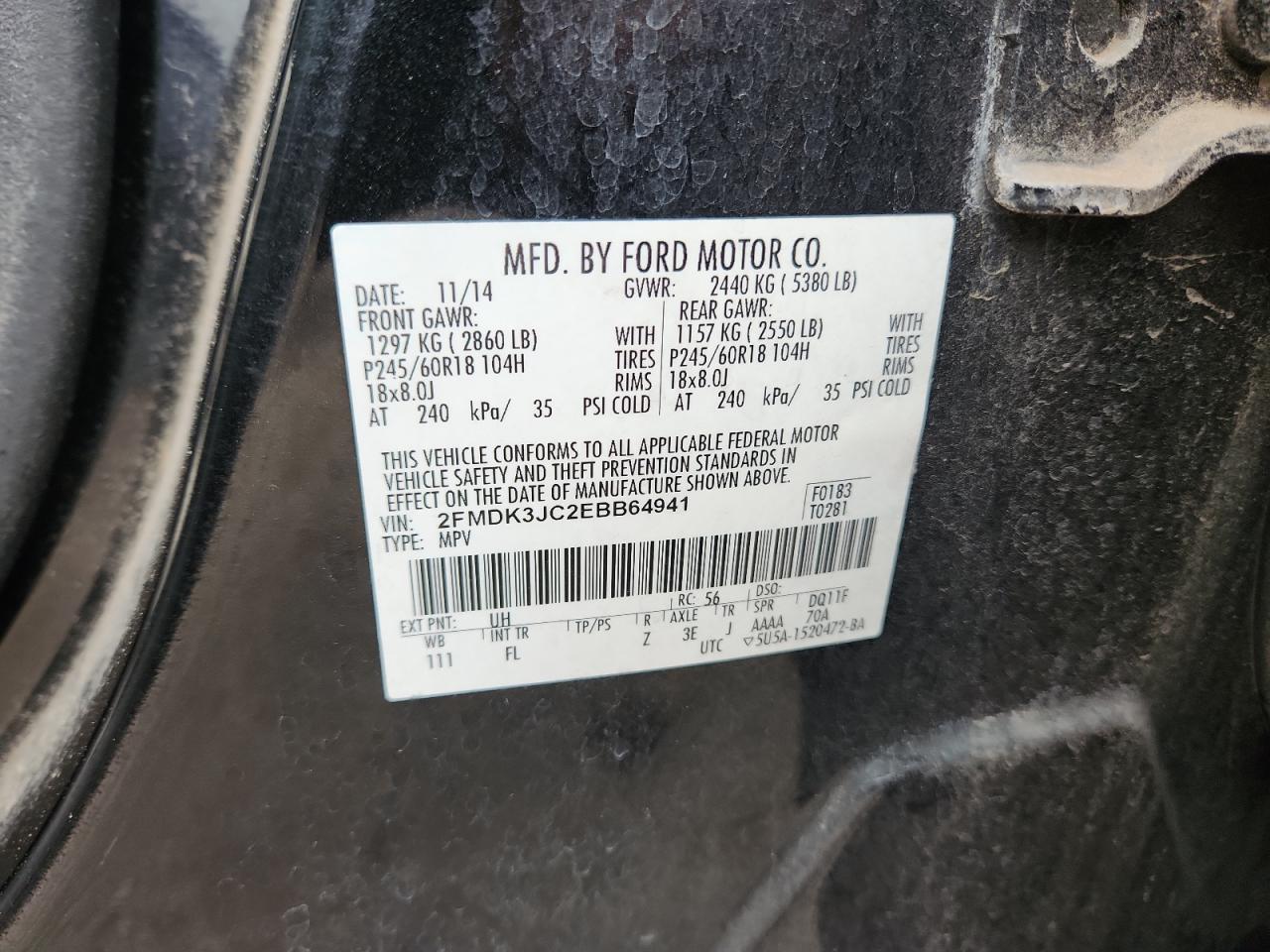 2014 Ford Edge Sel VIN: 2FMDK3JC2EBB64941 Lot: 85560155