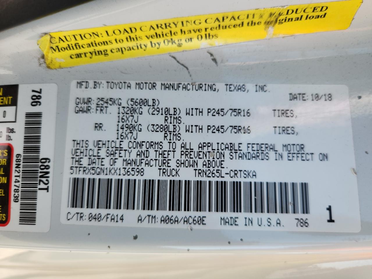 2019 Toyota Tacoma Access Cab VIN: 5TFRX5GN1KX136598 Lot: 84788635