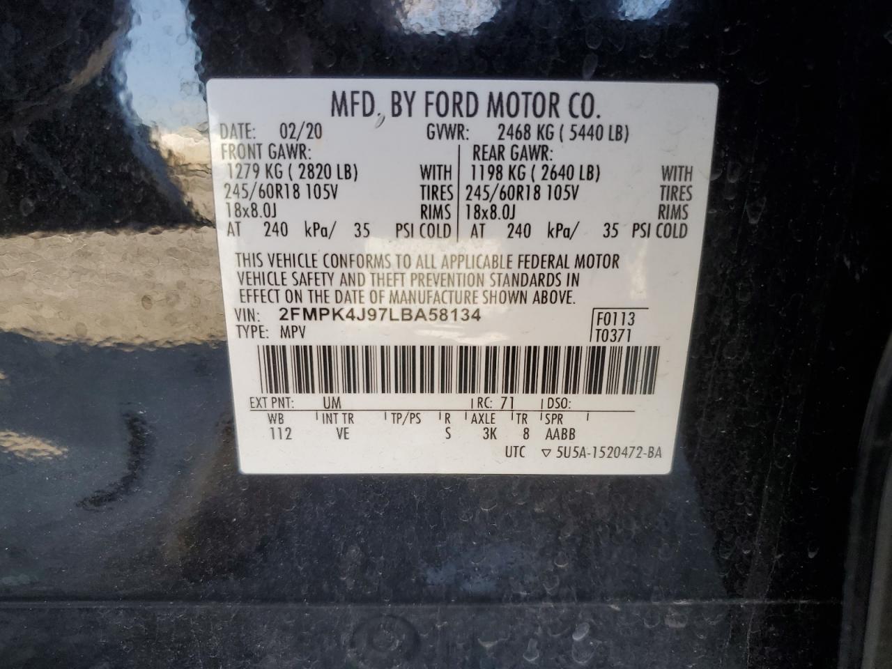 2020 Ford Edge Sel VIN: 2FMPK4J97LBA58134 Lot: 90733565