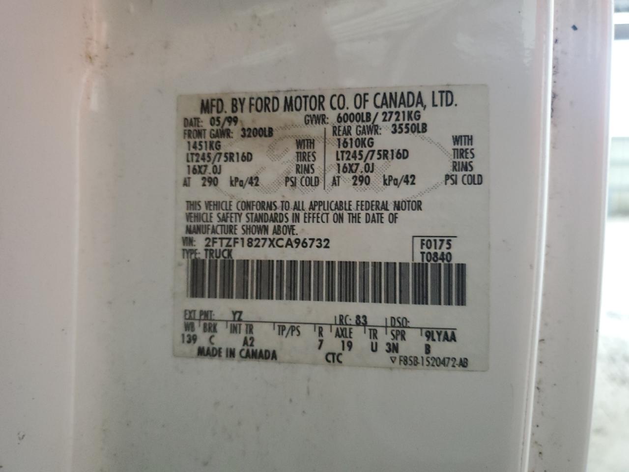 1999 Ford F150 VIN: 2FTZF1827XCA96732 Lot: 85647645