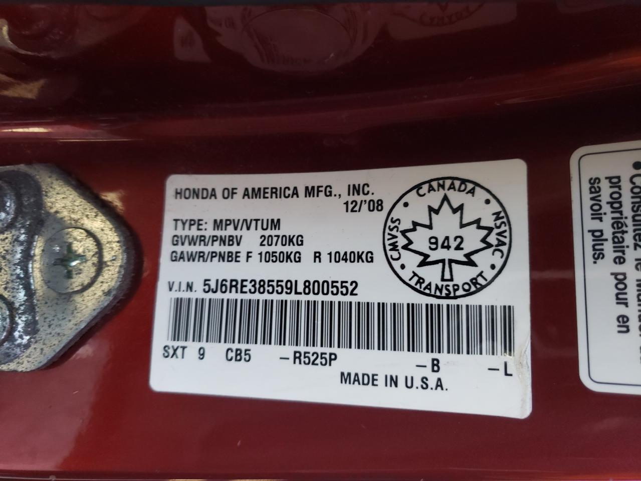 2009 Honda Cr-V Ex VIN: 5J6RE38559L800552 Lot: 90118615