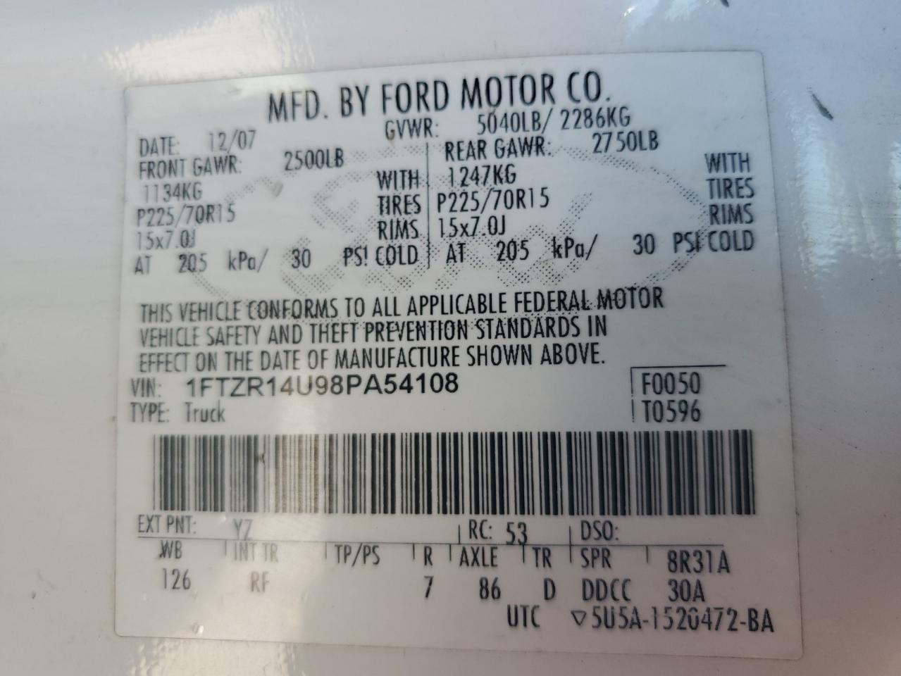 2008 Ford Ranger Super Cab VIN: 1FTZR14U98PA54108 Lot: 85842585