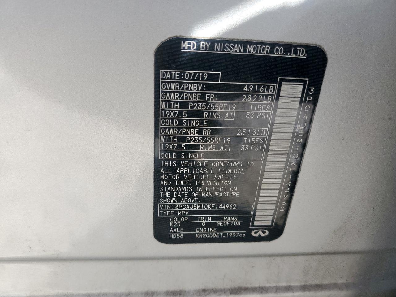 2019 Infiniti Qx50 Essential VIN: 3PCAJ5M10KF144962 Lot: 90029815