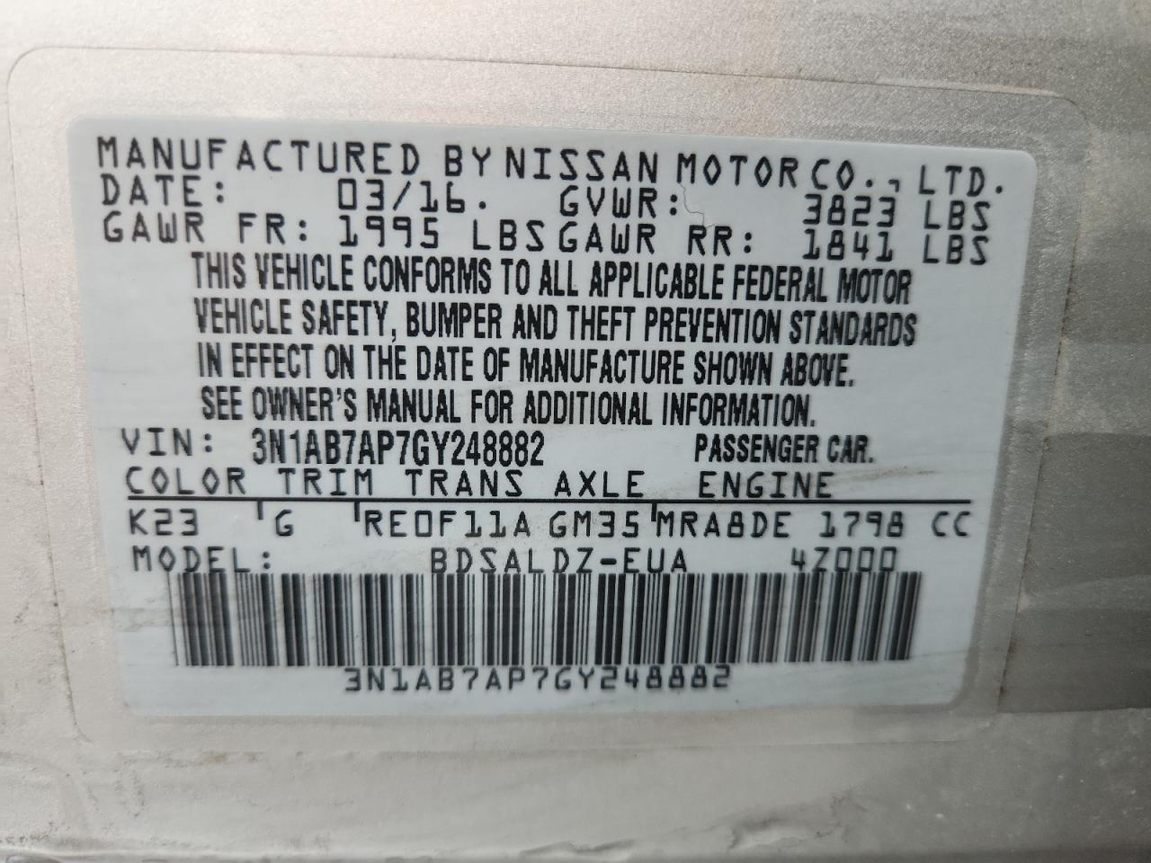 2016 Nissan Sentra S VIN: 3N1AB7AP7GY248882 Lot: 85599515