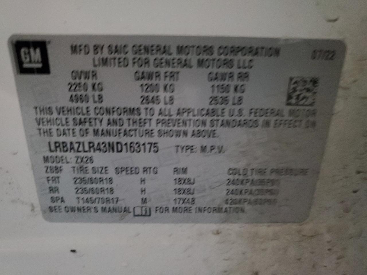 2022 Buick Envision Preferred VIN: LRBAZLR43ND163175 Lot: 87390125