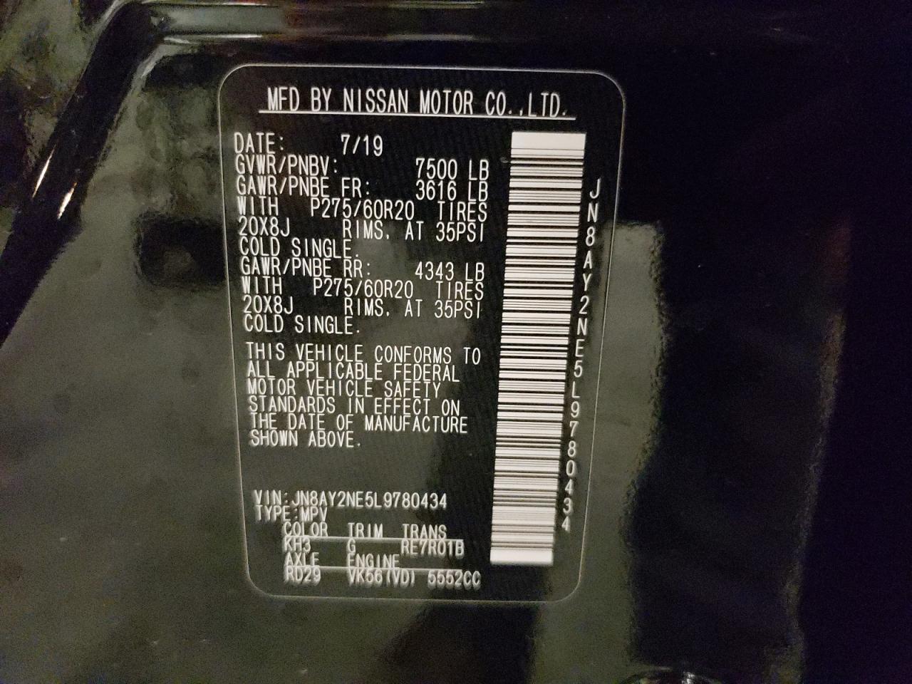 2020 Nissan Armada Platinum VIN: JN8AY2NE5L9780434 Lot: 85325515