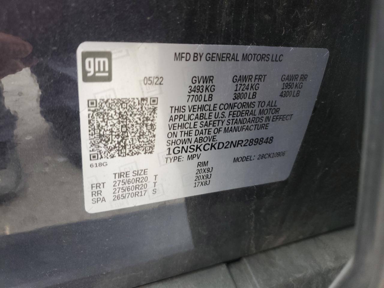 2022 Chevrolet Suburban K1500 Lt VIN: 1GNSKCKD2NR289848 Lot: 90102165