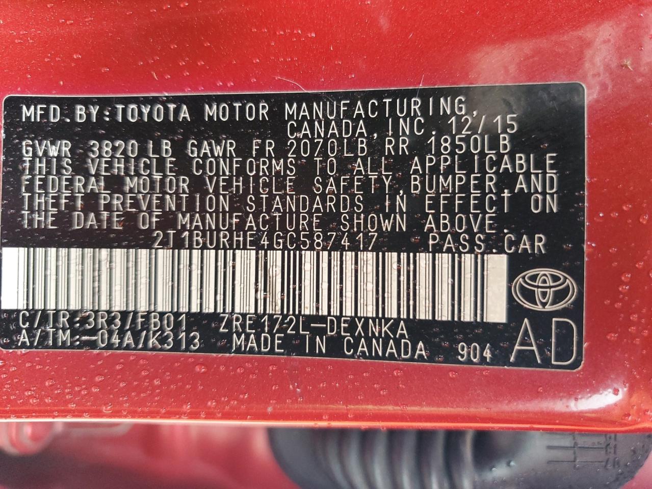 2016 Toyota Corolla L VIN: 2T1BURHE4GC587417 Lot: 84943645