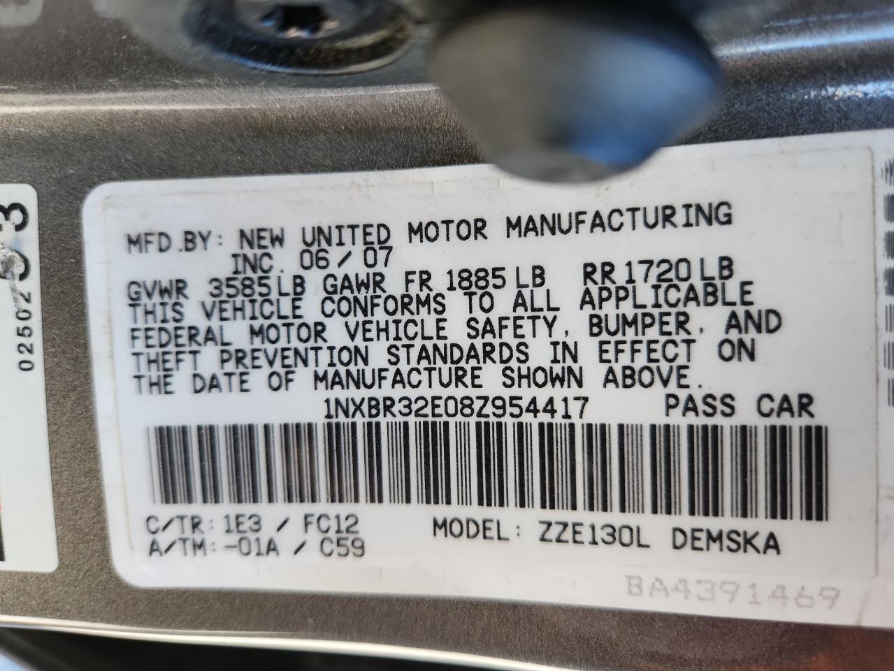 2008 Toyota Corolla Ce VIN: 1NXBR32E08Z954417 Lot: 85183185