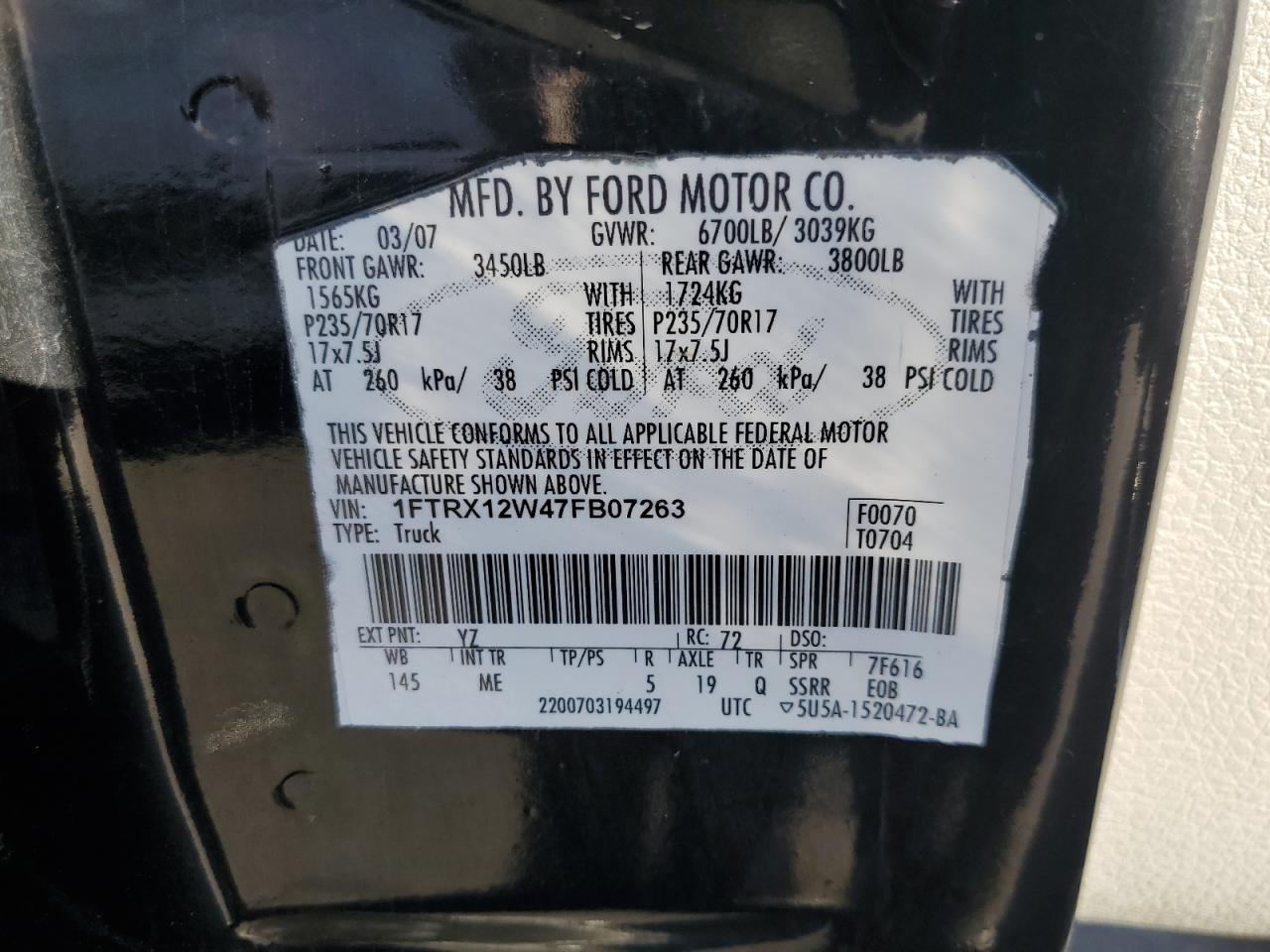 2007 Ford F150 VIN: 1FTRX12W47FB07263 Lot: 82575965