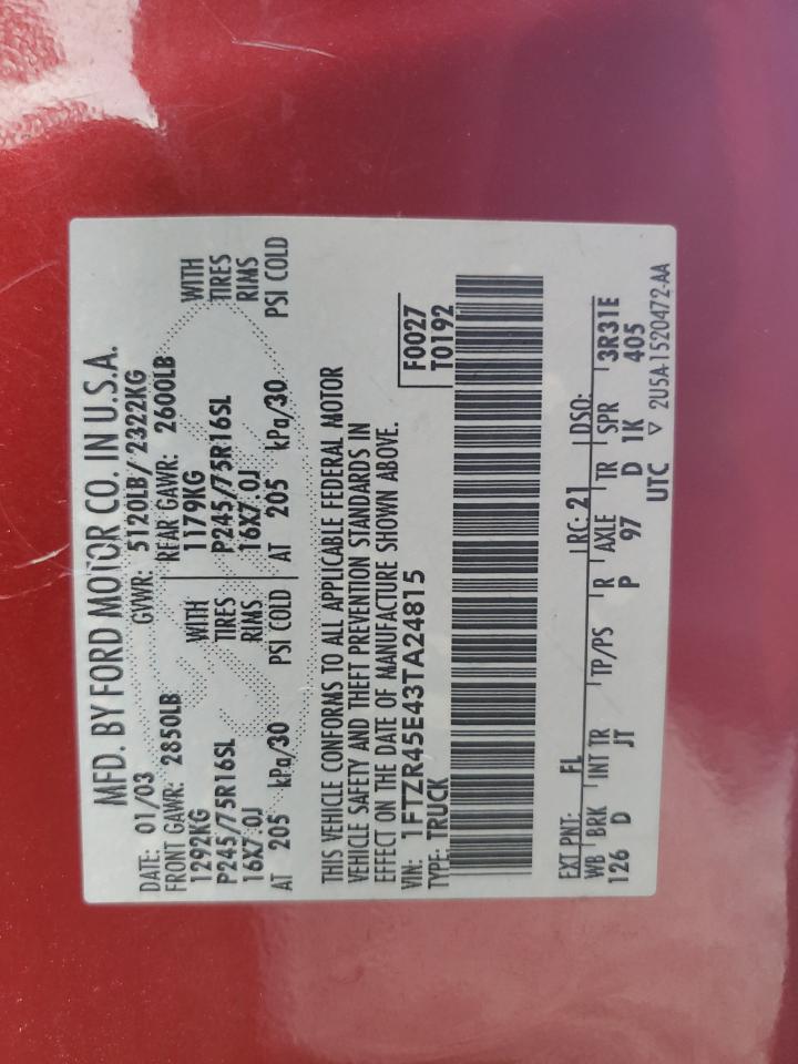 2003 Ford Ranger Super Cab VIN: 1FTZR45E43TA24815 Lot: 87254905