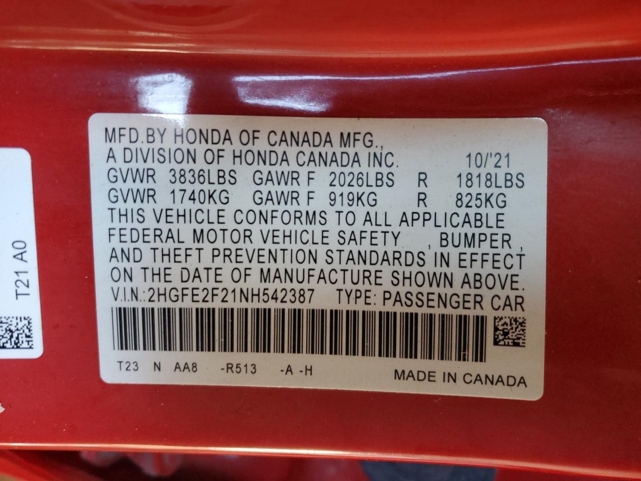 2022 Honda Civic Lx VIN: 2HGFE2F21NH542387 Lot: 82387295