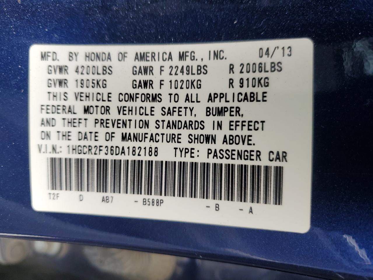 2013 Honda Accord Lx VIN: 1HGCR2F36DA182188 Lot: 86664005