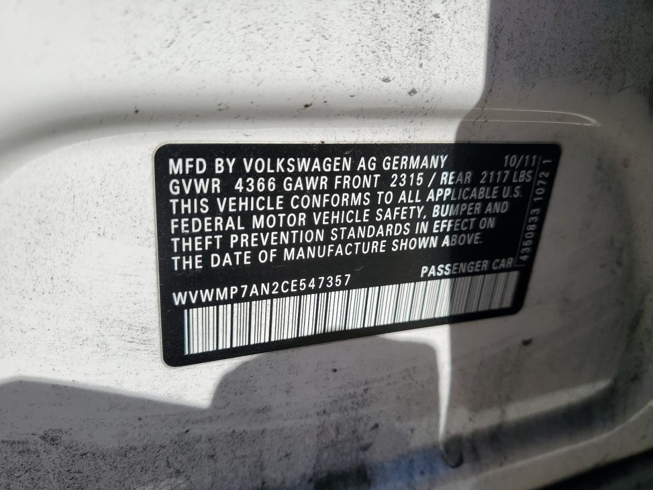 2012 Volkswagen Cc Sport VIN: WVWMP7AN2CE547357 Lot: 86546335