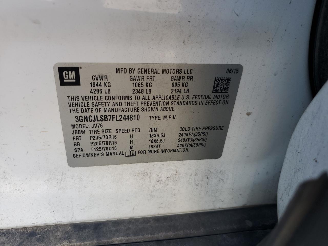 2015 Chevrolet Trax 1Lt VIN: 3GNCJLSB7FL244810 Lot: 86160305