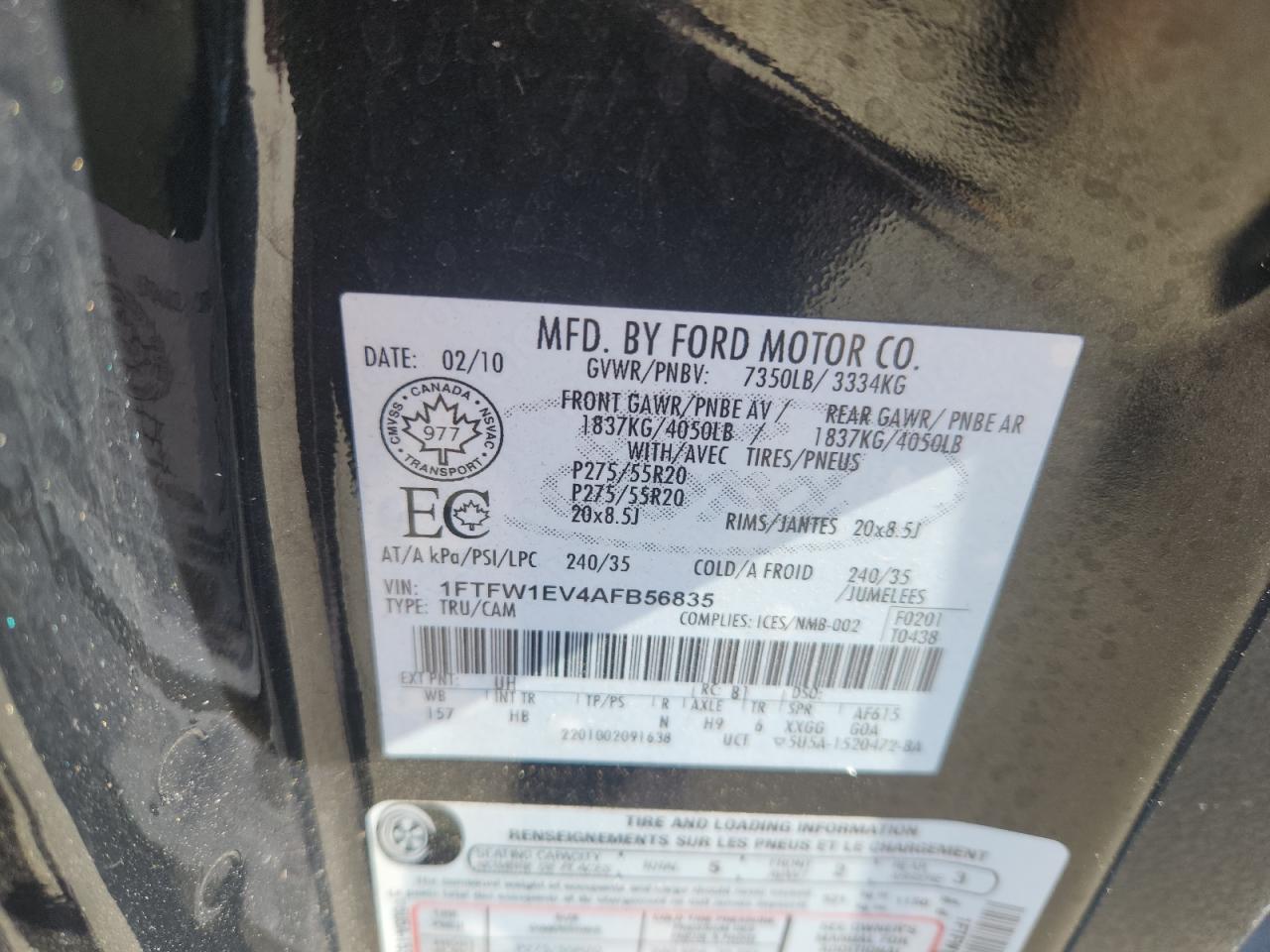 2010 Ford F150 Supercrew VIN: 1FTFW1EV4AFB56835 Lot: 82201655