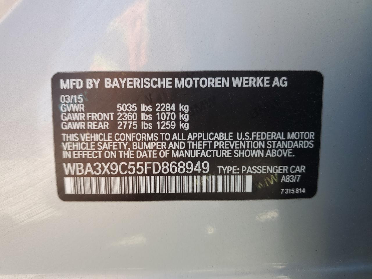 2015 BMW 335 Xigt VIN: WBA3X9C55FD868949 Lot: 81662245