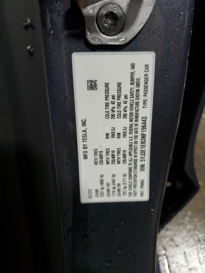 2022 Tesla Model 3 VIN: 5YJ3E1EB3NF196443 Lot: 90476755