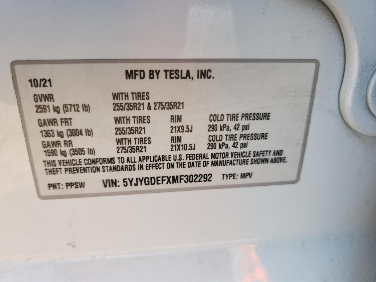 2021 Tesla Model Y VIN: 5YJYGDEFXMF302292 Lot: 90728685
