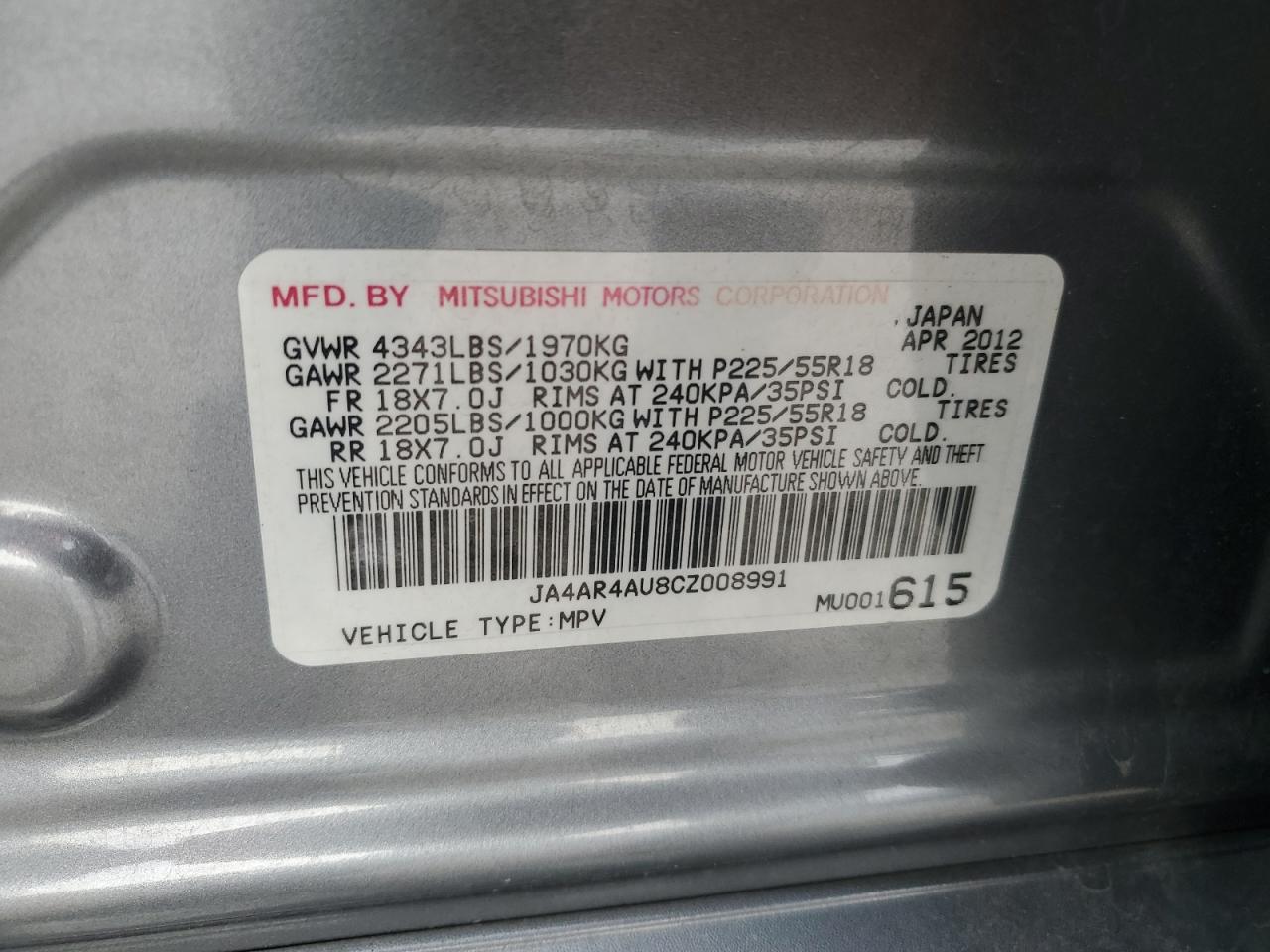 2012 Mitsubishi Outlander Sport Se VIN: JA4AR4AU8CZ008991 Lot: 89928055