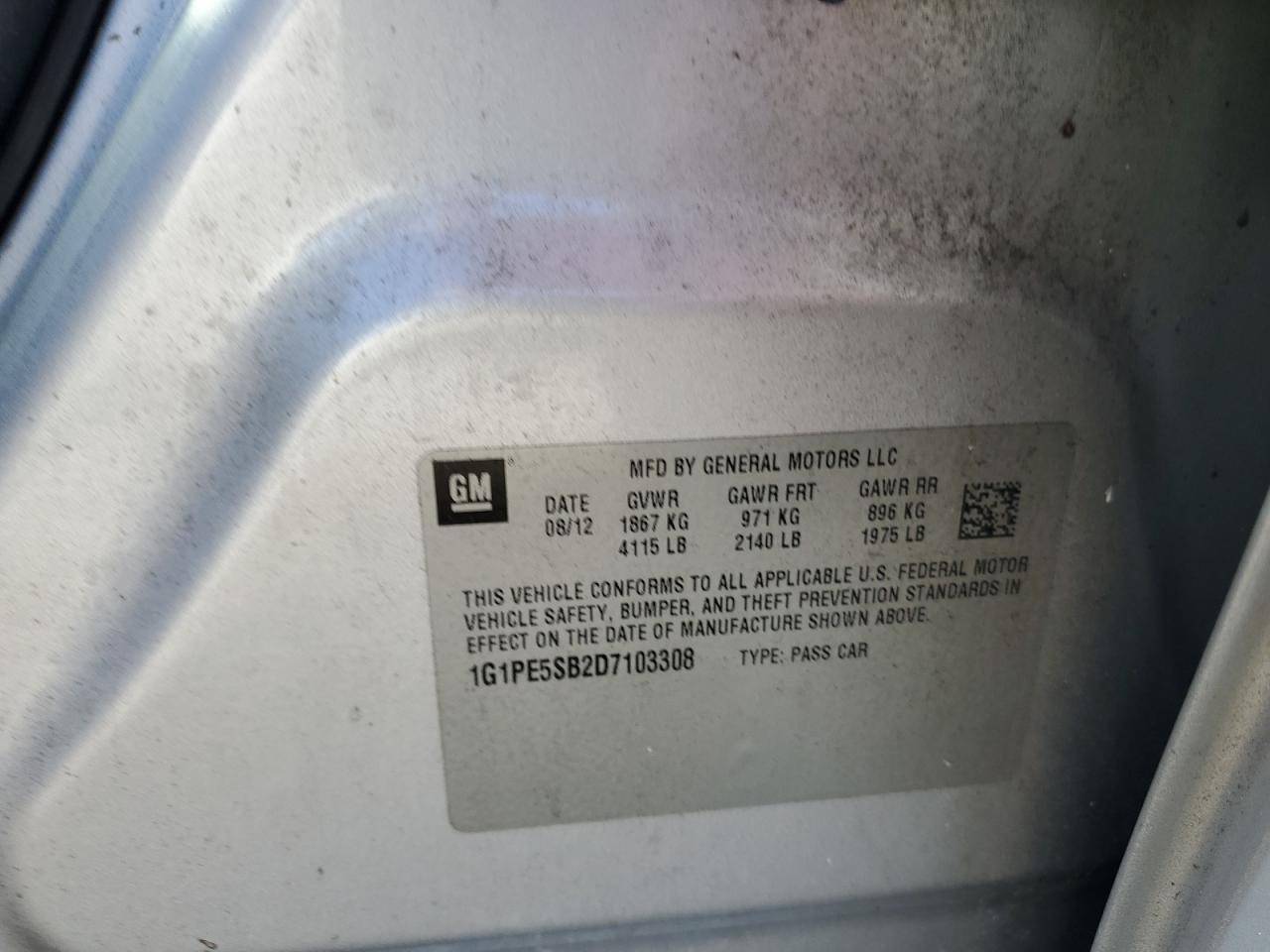 2013 Chevrolet Cruze Lt VIN: 1G1PE5SB2D7103308 Lot: 85648165