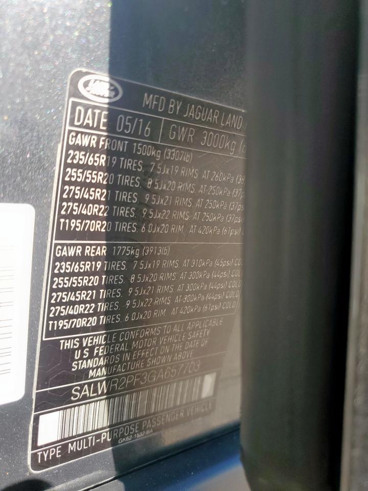 2016 Land Rover Range Rover Sport Hse VIN: SALWR2PF3GA657703 Lot: 85740095