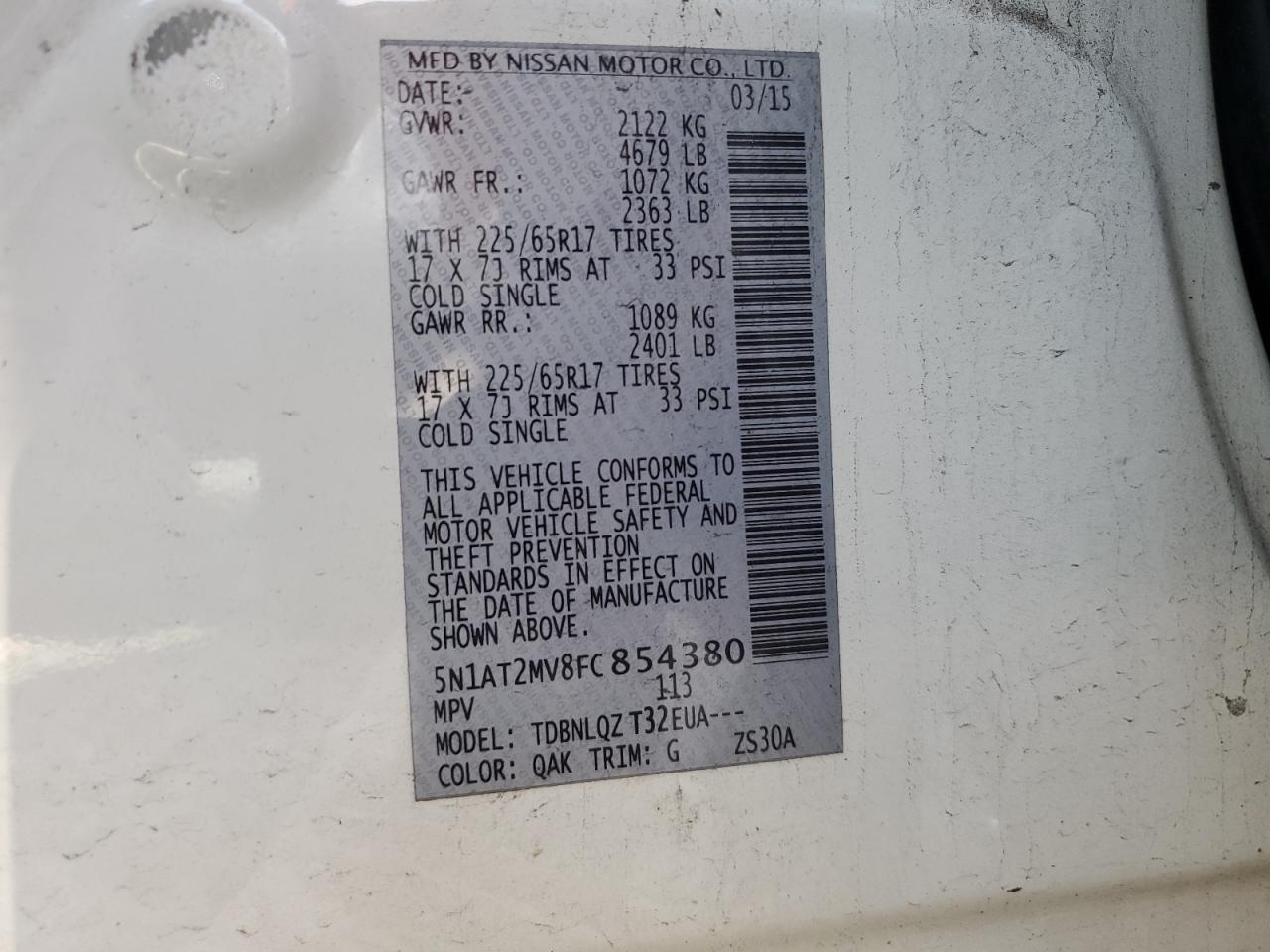 2015 Nissan Rogue S VIN: 5N1AT2MV8FC854380 Lot: 85172725