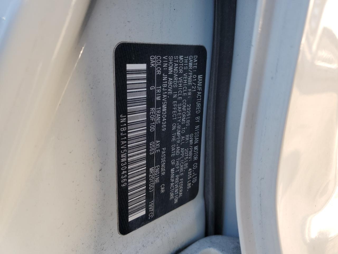 2021 Nissan Rogue Sport S VIN: JN1BJ1AV5MW304369 Lot: 86144635