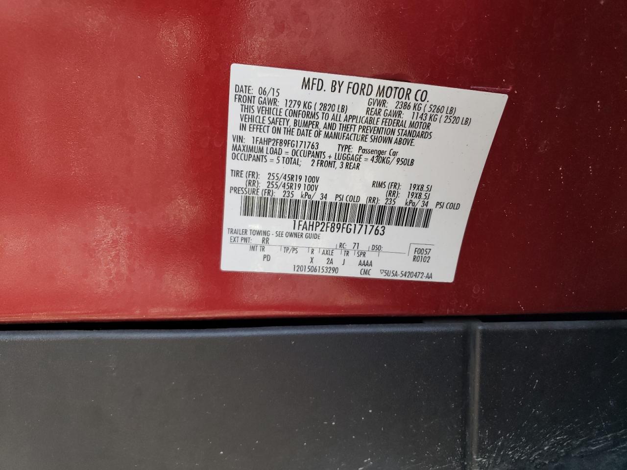 2015 Ford Taurus Limited VIN: 1FAHP2F89FG171763 Lot: 86468085